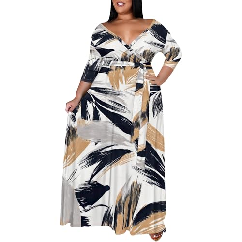 Image of SUZONANA Plus Size Maxi Dresses for Curcy Women Casual Loose 3 /4 Sleeve Long Dress with Belt