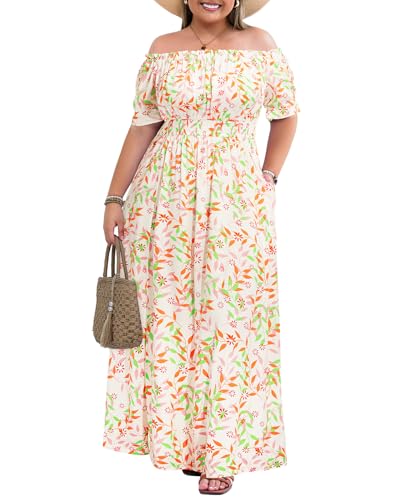 Image of Holipick Women's Off The Shoulder Boho Dress Plus Size Floral Smocked Waist Split Summer Maxi Sundress with Pockets