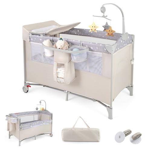 LIFEZEAL Cuna Plegable para Bebé, Corral con Cambiador, Cuna de Viaje con Arco de Juegos y Campanas Musicales, Cuna de Viaje Móvil con Bolsa de Almacenaje, para Bebé de 0 36 Meses (Beige)