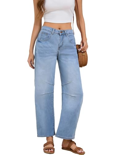 Women's Barrel Jeans Wide Leg Vintage Mid Rise Y2k Baggy Boyfriend Denim Pants Light Blue Small2
