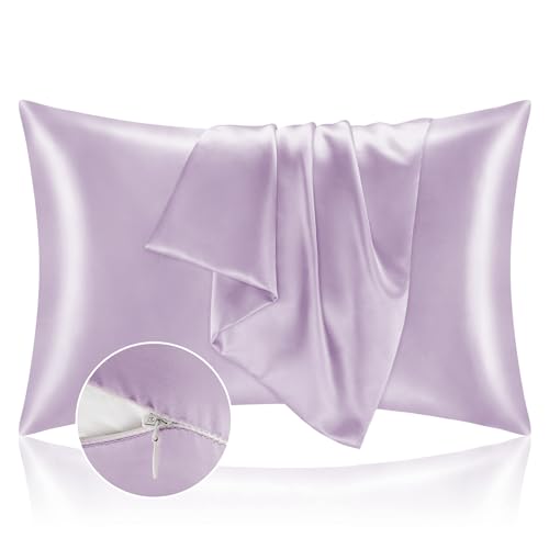 BEDELITE Satin Pillowcase with Zipper 2 Pack, Lavender Pillow Cases Standard Size, Super Soft and Cooling Similar to Silk Pillow Cases, Gift for Women Men(20x26 Inches)