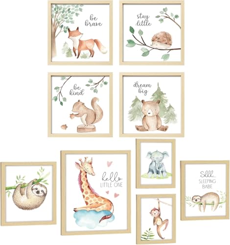 Image of ArtbyHannah 9 Pack Framed Funny Woodland Baby Nursery Wall Art Decor with 10x10 Frames and Cute Safari Animals Prints for Kids Playroom Decoration, Light-Wood