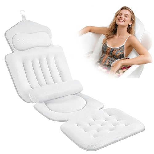 Cnwinu Alfombrilla de baño de cuerpo completo y cojín antideslizante, almohadas de baño blancas para cabeza y cuello con malla de aire suave 5D y potentes ventosas, almohada de baño para reposacabezas