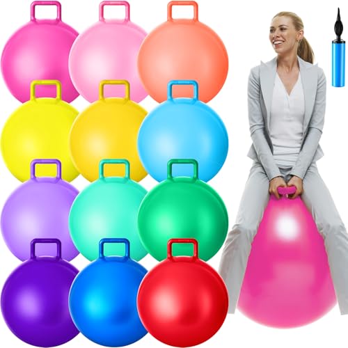 Meooeck 12 Pcs 29 Inch Hopper Ball with Handle and Air Pump Bouncy Jumping Hopper Ball Indoor Giant Outdoor Games for Adults Sports Exercise
