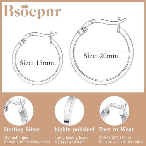 3 Pairs 925 Sterling Silver Hoop Earrings for Women 14K White Gold Plated Hypoallergenic Small Silver Hoop Earrings for Women Men 13/15/20mm2