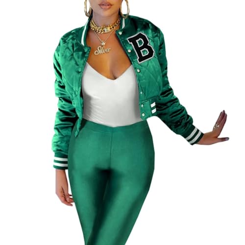 Women's Cropped Quilted Jacket Casual Button Down Printed Shiny Varsity Bomber Jacket with Pockets3