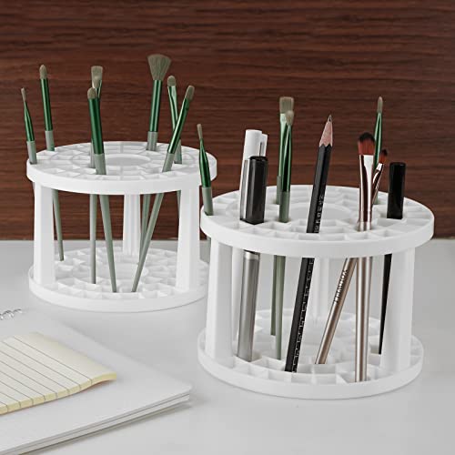 Image of JANKINGS Paint Brush Holder 2-Pack, Plastic Round Paintbrush Organizer Stand with Stickers, Desk Brush Drying & Storage Rack for Watercolor, Acrylic, Gouache, Pens & Art Supplies