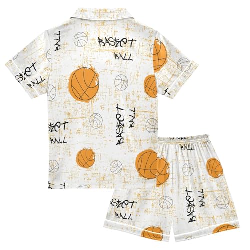 Satin Pajama Sets Short Sleeve Basketball Print for Textiles Button Down Silky Nightwear 2 Piece PJS 5-14Y2
