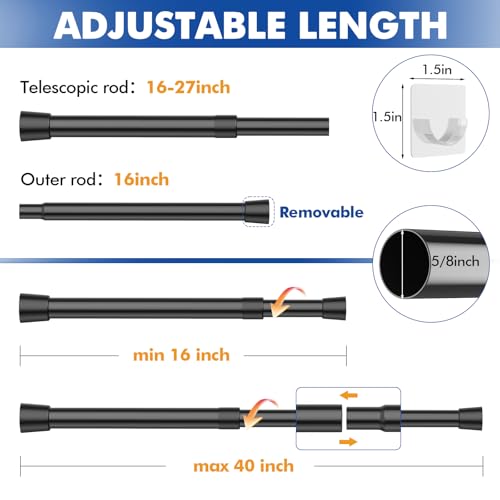 Image of Corklatta 2 Pack Black Tension Curtain Rods Adjustable 16-39 Inch, Tension Rod with 4 Holders,No-Drill Curtain Rods for Window, Kitchen, Bathroom