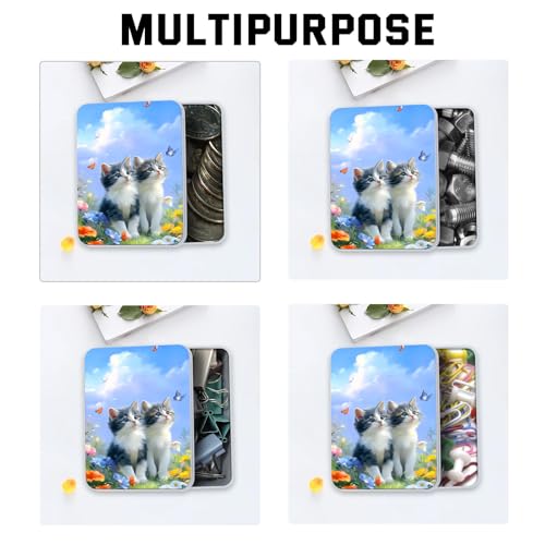 Image of Metal Tin Box with Lid,Multi-functional Storage Box Can Store Tea Biscuits Game Cards, Playing & Tarot Cards-Comes with 4 Magnetic Cord Clips,Kittens with Butterflies