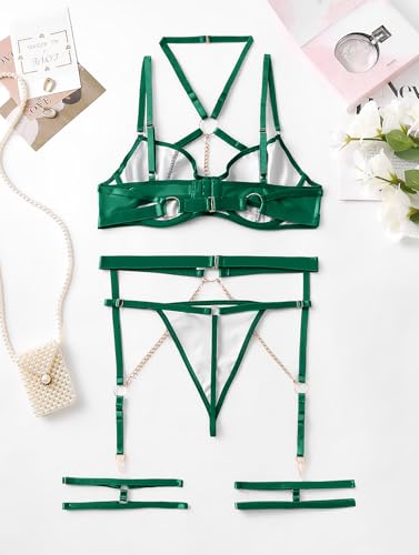 Image of Lilosy Sexy Pu Leather Strappy Underwire Garter Belt Lingerie Set