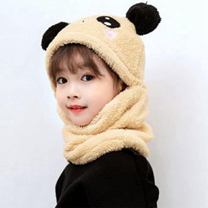 Image of TopiBaaz Cute Panda Cartoon Monkey Cap for Boys and Girls (Pack of 1) | Age - 6 Years to 12 Years |Free Size | Plush Wool | Winter Cap | Neck Scarf