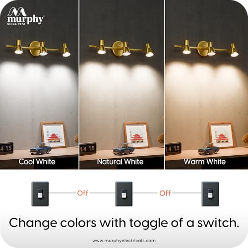 Image of Murphy TriGlow 3x5W LED Wall Track Light, 3C Color Changing (CW /WW /NW), Golden Finish, Adjustable 3 Spotlight Fixture, 15W Indoor Wall Lamp for Living Room & Home Office, Pack of 2