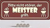 Blechschild 27x10cm gewölbt incl. 4 Magneten Der Meister grillt Grill Sprüche Deko Geschenk Schild