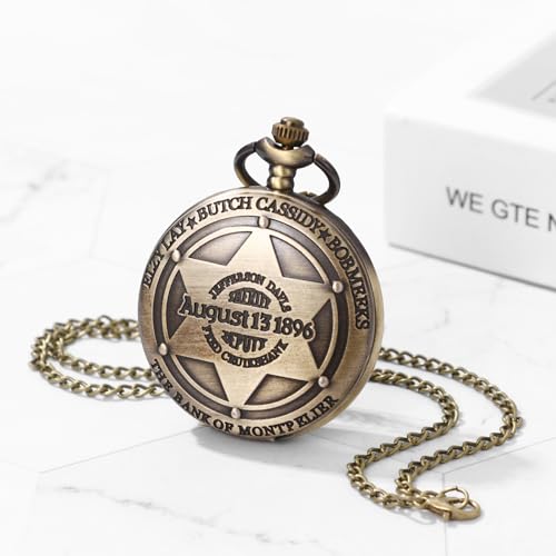 JewelryWe Western Pioneer Pocket Watch: Men Women Analog Quartz Vintage Arabic Numeral Dial 1896 Sheriff Badge Design Unisex Pendant Watches3