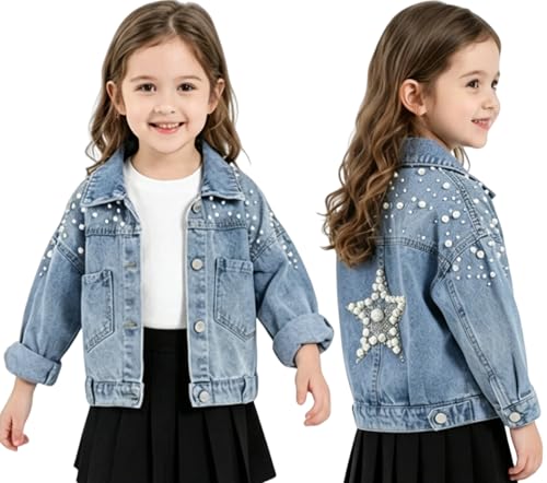 Image of Girls' Classic Pearls Denim Jackets Kids Button Down Jeans Jacket Top Coat Outwear