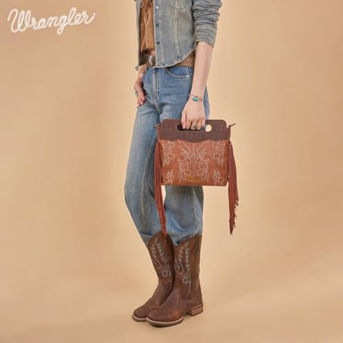 Image of Wrangler Western Handbag for Women Crossbody Bag Top Handle Shoulder Bag Embossed Cowgirl Fringe Purse