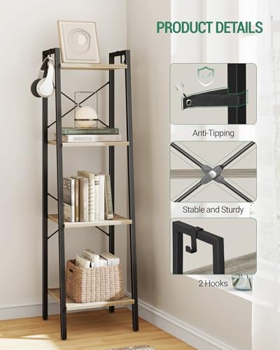 Image of Hzuaneri 4-Tier Ladder Shelf, Narrow Bookshelf, Corner Storage Shelves, Freestanding Bookcase with 2 Hooks for Home Office, Living Room, Kitchen, Bedroom, Industrial, Greige and Black BC13205B