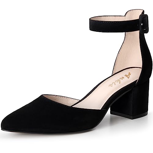 Image of Ankis Closed Toe Heels for Women, 2.25 Inch Low Block Chunky Dress Pumps | Black Nude White Gold Silver Pointed Toe Design, Soft Insole, Adjustable Ankle Strap, Classic Versatile, For Formal Daily