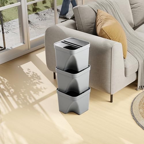 Image of 10L Dustbin with Lid | Grey | Pack of 3 | Multipurpose Garbage Bin for Kitchen, Home & Office | Wet & Dry Waste Basket for Food Waste, Recycling & Indoor Outdoor Use