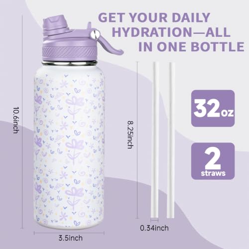 Image of 32 oz Insulated Water Bottle with Leak-proof 2-in-1 Straw and Spout Lid,Stainless Steel Sports Water Bottle with Handle,Double Wall Vacuum Metal Water Flask for Travel Camping School(Purple flower,1)