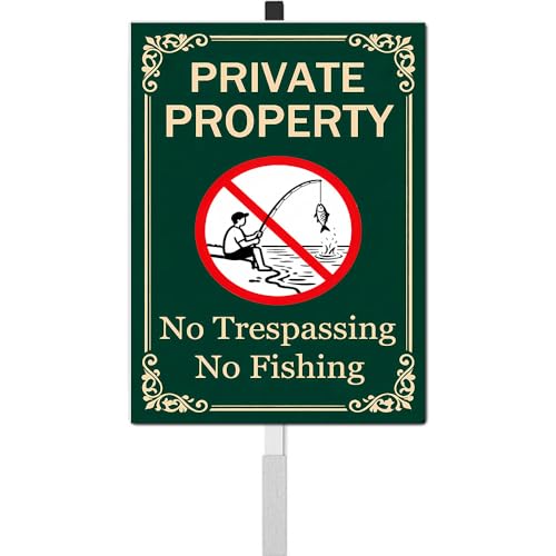 Private Property No Trespassing No Fishing Yard Sign With Stakes Do Not Fish Signs Reflective Rustproof Aluminium Pool Lake Stake Outdoor 8X12 IN