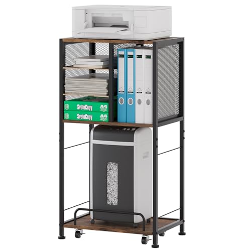 EasyPAG Support d'imprimante 4 compartiments A4 en métal et bois - Avec chariot coulissant mobile - Étagère d'imprimante pour fax, photocopieur, scanner,...