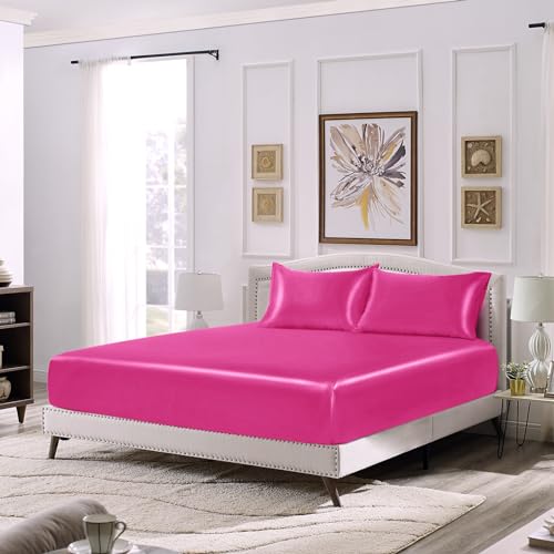 Image of SiinvdaBZX 3-Piece Set Satin Queen Fitted Sheet & 2 Pillowcase, Hot Pink Silky Soft Fitted Bottom Sheet, Wrinkle Free, Fade Resistant, Deep Pocket Bed Sheet (Deep Up to 15 inch)