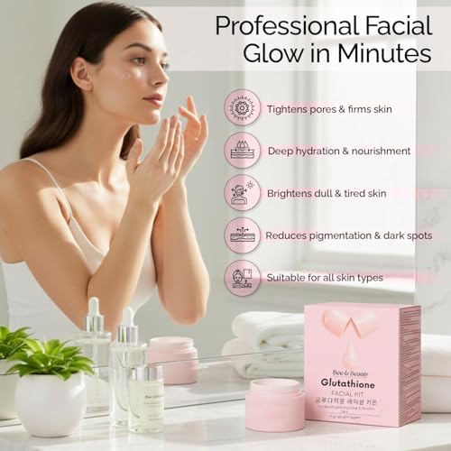 Image of Bee & Beauty Glutathione 7-Step Facial Kit for Skin Brightening Clear Glow & Tan Removal | Deep Hydration Pore Tightening Radiance Boost | Korean Inspired Professional Face Care | All Skin Types (Pack of 1)