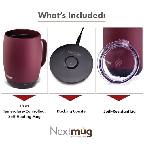 Image of Nextmug Plus - Temperature-Controlled, Self-Heating Coffee Mug | (Burgundy - 18 oz.) - No App, Long-Lasting Battery for Work & Study, Great Gift for Coffee Lovers