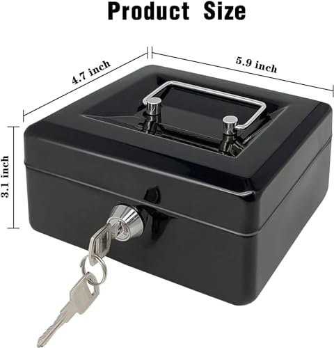 Image of Wosta Cash Money Safe Box - Compact Solid Steel Lockable Security Storage Chest for Loose Money, Coins, Change & Valuables with 2 Keys (Medium)5.9 inch x 3.1 inch x 4.7 inch Black