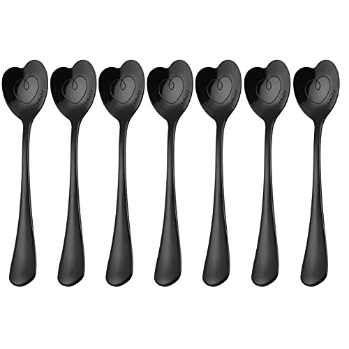 Juego de 7 cucharas de acero inoxidable, cucharas en forma de corazón, cuchara de café, cuchara de postre, cucharas de helado, cucharas de té, cuchara de amor, bonito regalo de vacaciones (negro)