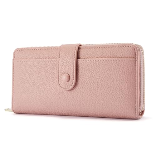 ANYWN Geldbörse Damen Portemonnaie Damen groß aus glattem und weichem Synthetikleder, Geldbeutel im Langformat mit Reißverschluss und Druckknopf, Portmonee Damen mit viele Fächer Rosa