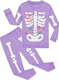 Halloween Pajamas for Girls Glow-in-the-Dark Skeleton Pjs Set 100% Cotton 2- Pieces Sleepwear Kids Winter Long Sets Size 7