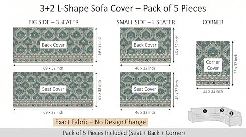 Image of Luxury Sofa Cover L Shape 5 Seater with Matching Cushion Cover 16x16 inch - Emerald Paisley Royal 3+2 Seater (5 Seater) Quilted Sofa Cover Set Pack of 10, Washable, Emerald Teal