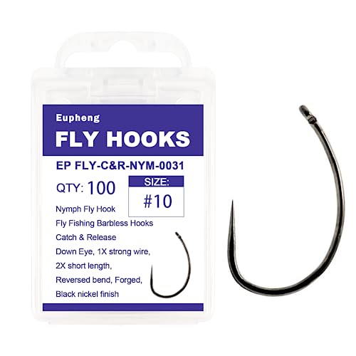 Eupheng Fly Fishing Hooks 100pc Pack Barbless Catch & Release Dry Wet Nymph Shrimp&Pupa, Streamer, Caddis, Jig, Scud Flies Fishing Hooks