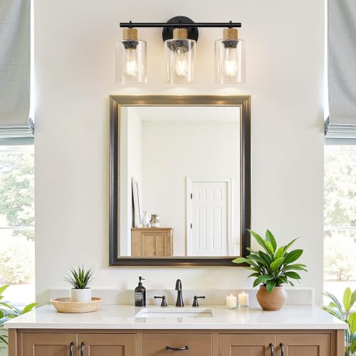 Image of MOKATNG Bathroom Light Fixtures, 3-Light Coastal Vanity Lights with Seeded Glass, Black Bathroom Wall Lamp for Mirror Kitchen Cabinet Hallway