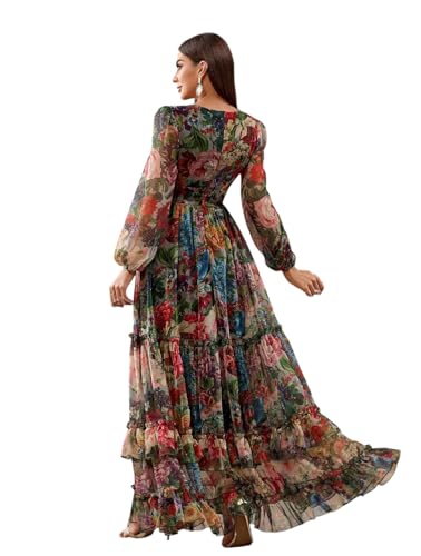 Image of LITZO Women's One Piece Dress - Georgette Floral Printed Western Gown | Long Sleeve V Neck Fit & Flare Flared Hem Design | A-Line Maxi Dress for Women | New Year Party Outfit (NO-29-31)