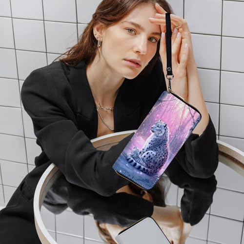 Ladies Wallet,Clutch Purses for Women Wallets Leather Credit Card Holder for Women Wristlet Slim Small Cute with Zipper,Thin RFID Blocking with Wrist Strap,Snow Leopard Forest2