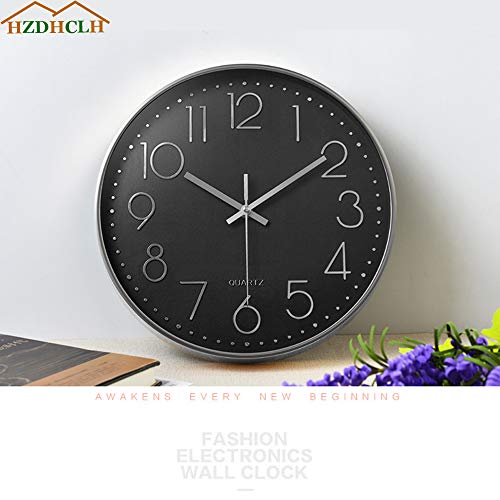 Image of HZDHCLH Wall Clocks for Living Room Bedroom Office Classroom Decor Small Silent Non Ticking Kitchen Wall Clock Battery Operated (Black Silver,12 inch)