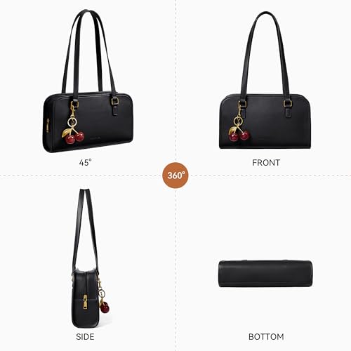 Image of BOSTANTEN Shoulder Bag with Cherry Charm Vegan Leather Purse for Women | Quiet Luxury Vintage Style, Structured Handbag, Handle Strap, Well-Organized Pockets, Versatile for Everyday Weekend Office