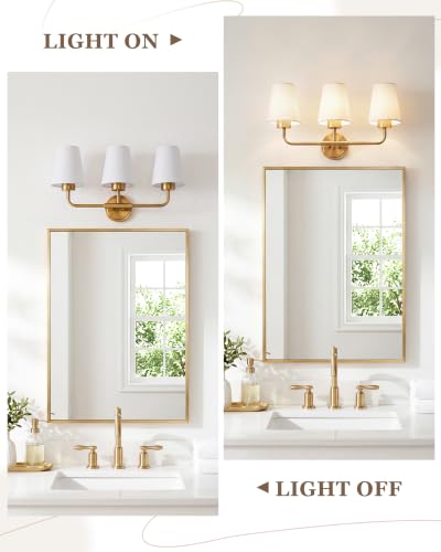 Image of Brushed Gold Bathroom Light Fixtures with White Fabric Shades | 3-light vanity light for bathroom, modern sconces wall lighting for hallway bedroom, ideal for 30-48 inch mirrors, AD-25052-3W-GD