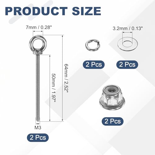 Image of PATIKIL M3 x 50mm Shoulder Eye Bolt, 2 Pcs 304 Stainless Steel Lifting Ring Threaded Eye Bolt with Flange Lock Nuts Spring and Flat Washers for Hanging Tie Down Straps Outdoor Indoor