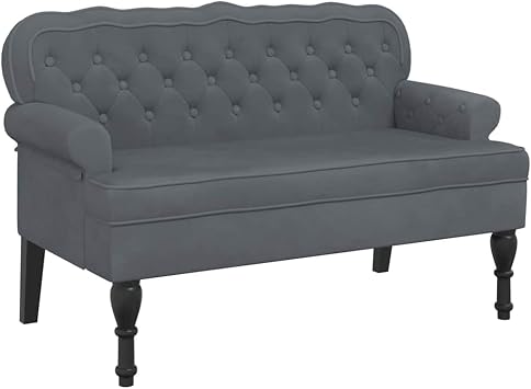 Dark Gray Velvet Button Tufted Bench with Backrest and Wooden Legs, 47"x25.4"x29.5"