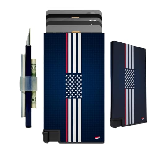 ELBIRD Stylish Ultra Slim Wallet RFID Blocking Premium Aluminum Card Holder w/Trigger to slide up cards - Complete Packaging w/Accessories, Bands to store more, Ideal Gift - American