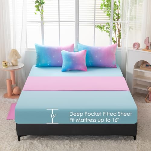 Image of 6 Pcs Girls Twin Comforter Set with Sheets Colorful Rainbow Pink Blue Ombre Kids Bedding Sets Tie Dye Galaxy Glitter Bed in A Bag for Bedroom (Pink Blue, Twin)