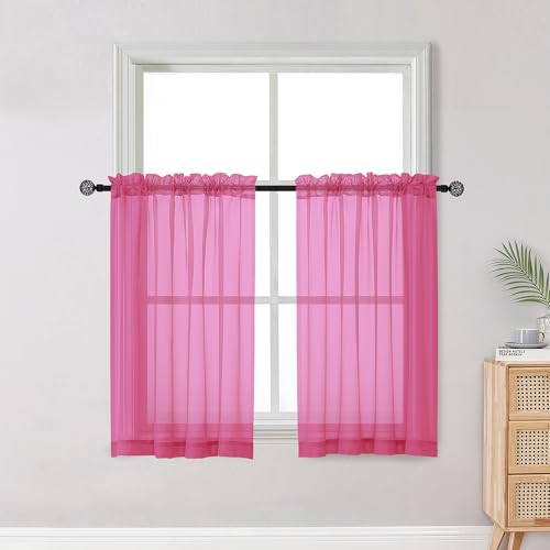 Image of OWENIE Short Hot Pink Sheer Curtains 36 Inch Length 2 Panels Set, Kitchen Tiers Curtains Light Filter Rod Pocket Voile Cafe Curtain for Basement Bathroom Small Half Window, 42 inch W x 36 inch L, Hot Pink