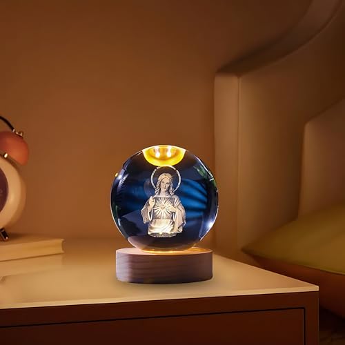 Image of 3D Crystal Ball Night Light with Wooden Base, Aesthetic Clear LED Lamp for Home and Bedroom Touch Switch, Warm Light for Kids and Teens Perfect Birthday & Anniversary (Holy Jesus Christ)