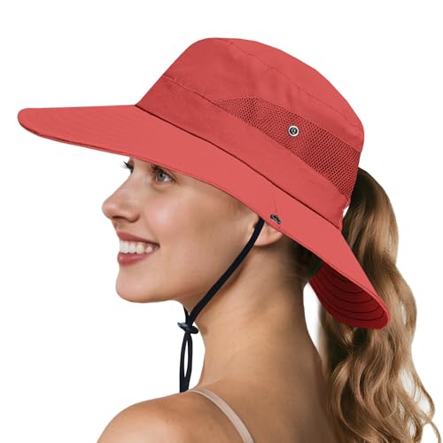 Image of NPQQUAN Ponytail Sun Hats for Women UPF 50+ Wide Visor UV Protection Packable Hat for Beach Hiking Gardening