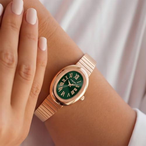 Image of Carlton London Women Daphne Analog Watch, Oval Dial, Stainless Steel Strap, Quartz Movement, Green Dial, Rose Gold Strap, 30M Water Resistant, Casual Wear | CL-DA-GRN